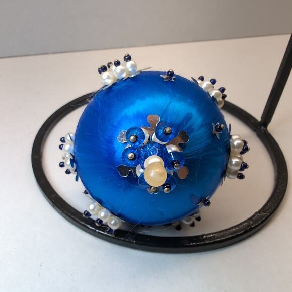 Push Pin Beaded Christmas Ornament Blue Satin Pearl MCM - Picture 7 of 8